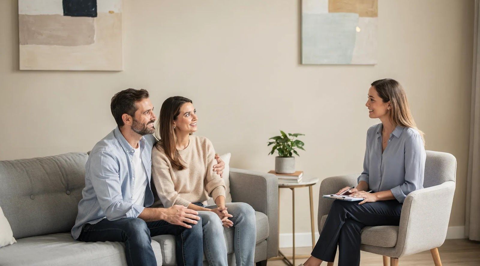 Three people in a counseling session, seated in a bright living room with a small table and plant.