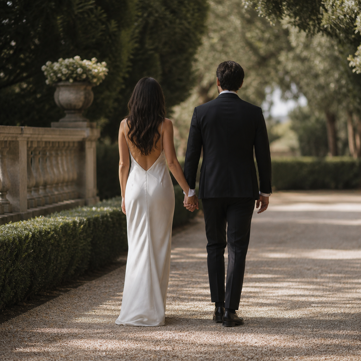 Couple in formal wear walking hand in hand down a tree-lined garden path