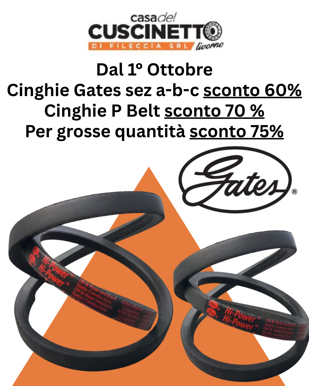Pubblicità per cinture Gates: sconti dal 60 al 75%. Testo su sfondo bianco e arancione, con immagine della cintura e logo Gates.