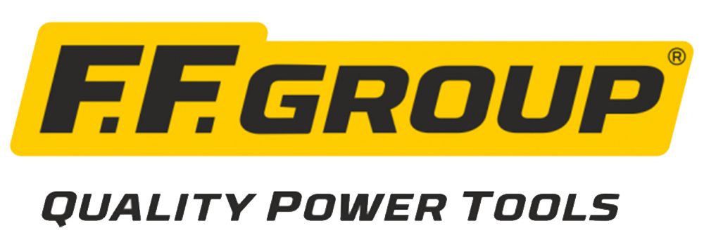 Logo per FF Group, testo nero su barra gialla, con la scritta