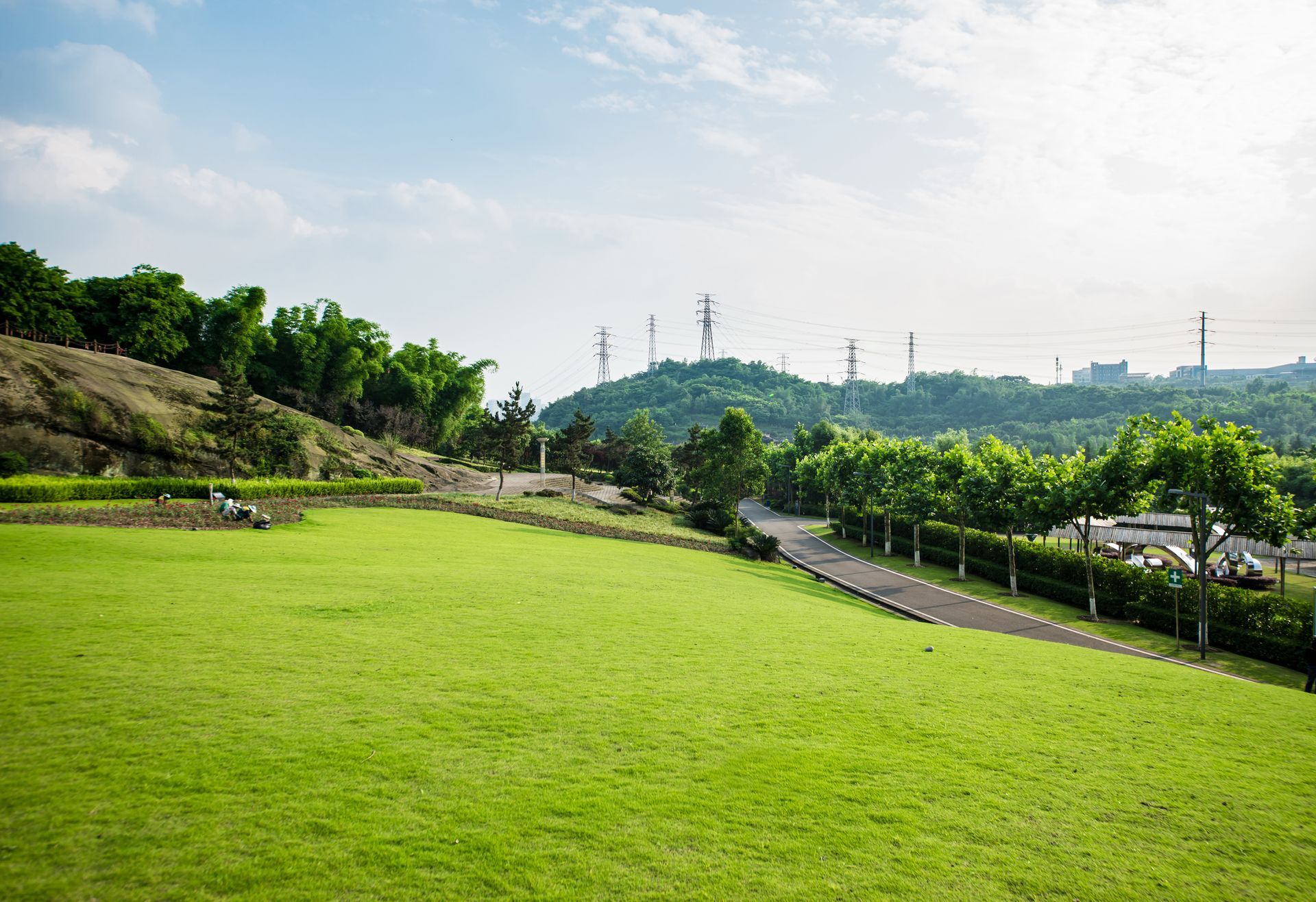 Green grassy park with trees, pathway, and distant power lines on a hillside under a blue sky.