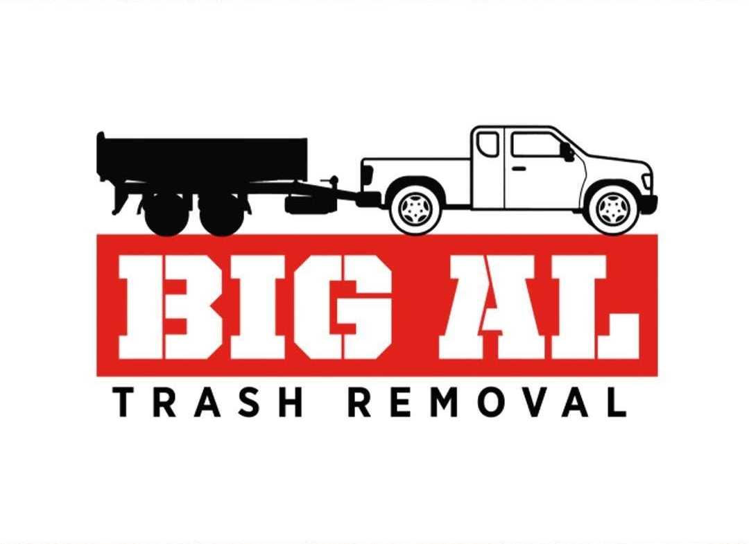 Big Al Trash Removal logo with red text and a truck towing a black dumpster trailer