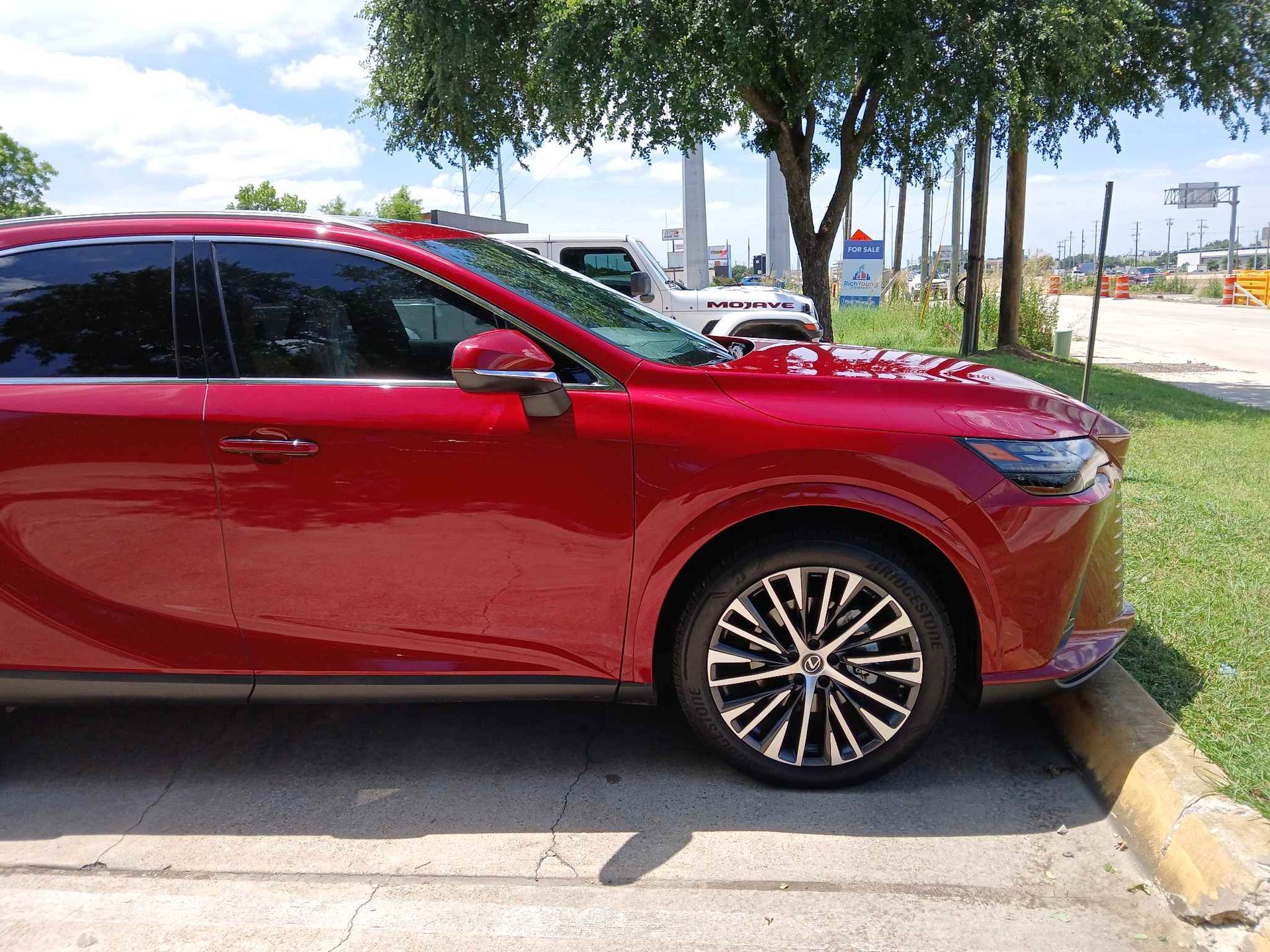 Red SUV parked beside a curb and grass under a tree on a sunny day.