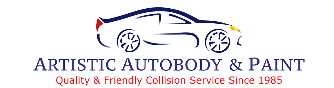 Logo for Artistic Autobody & Paint with a car outline and the tagline “Quality & Friendly Collision Service Since 1985”
