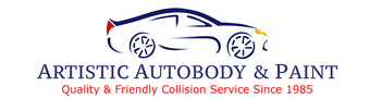 Logo for Artistic Autobody & Paint with a car outline and the tagline “Quality & Friendly Collision Service Since 1985”