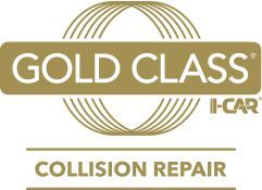 Gold Class I-CAR collision repair logo in gold and white.