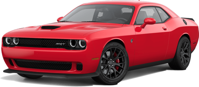 Red Dodge Challenger sports car on a white background, shown in front-left view.