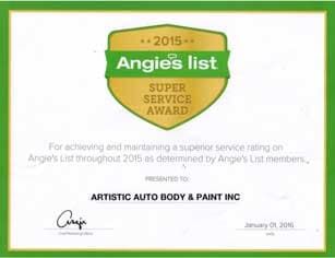 Angies List Super Service Award certificate for Artistic Auto Body & Paint Inc., dated January 2016