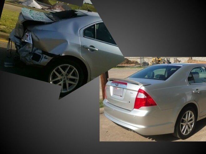 Collage of a silver sedan with heavy rear-end damage and a side view of the same car parked on a dirt roadside.