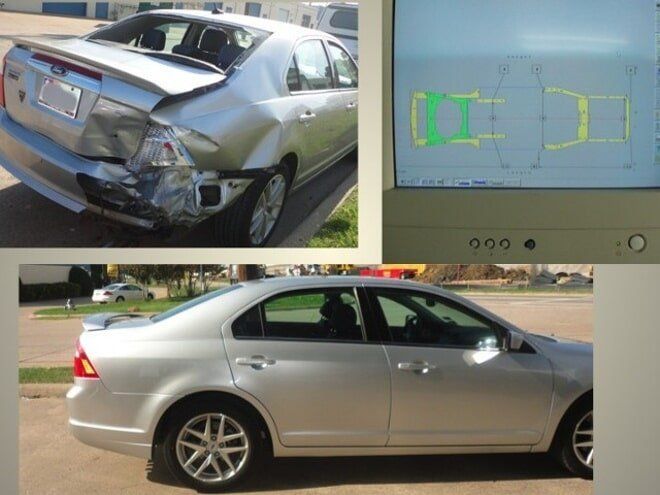 Silver sedan shown in rear damage, side profile, and computer damage analysis display