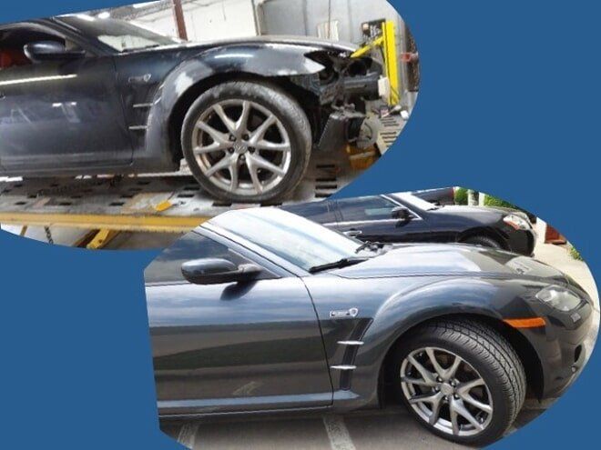 Black sports car shown damaged in a body shop, with front-end damage and side views.