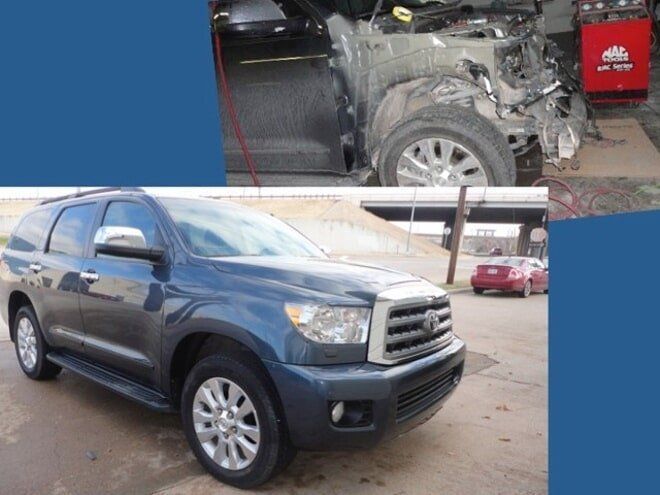 Dark gray Toyota SUV with front-end damage in a garage, shown in two views.