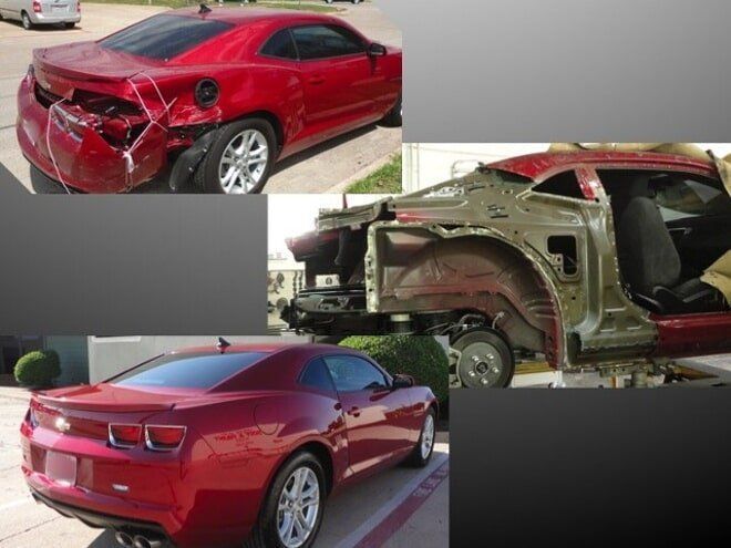 Red car shown before and after severe rear-end collision damage, with exposed interior and crumpled body panels