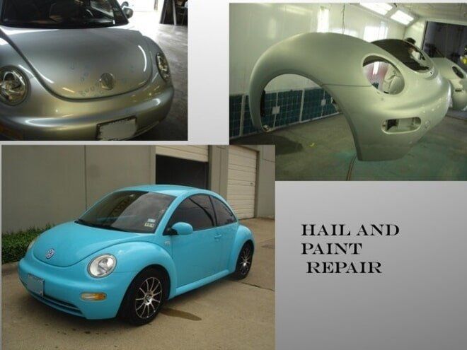 Car body repair collage: silver and blue Volkswagen Beetles with painted and repaired panels, labeled “HALLAND PAINT REPAIR”