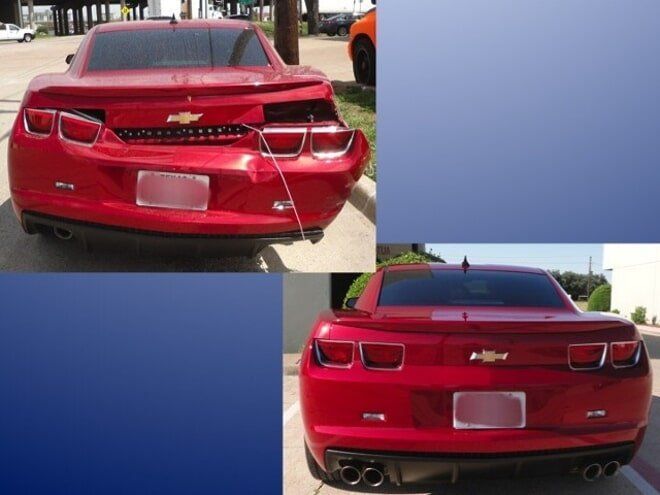 Red sedan seen from the rear, with dents and damage across the trunk and bumper.