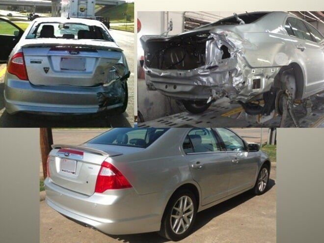 Silver sedan collage showing rear damage after a crash, including a severely crushed front end and a rear view.
