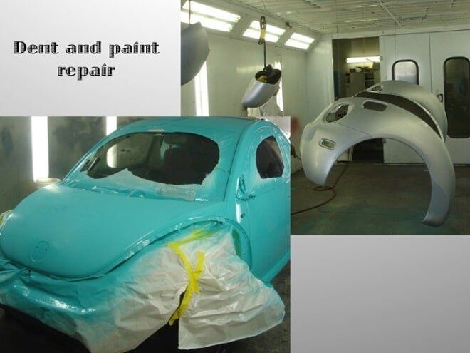Dent and paint repair showing a turquoise car with a damaged front end and a repaired white shell in a garage