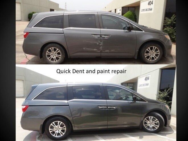Before-and-after side view of gray minivan with dent repaired and repainted, labeled “Quick Dent and paint repair”