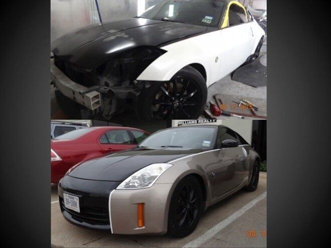 Two modified sports cars, one black-and-white in a garage and one silver parked outside.