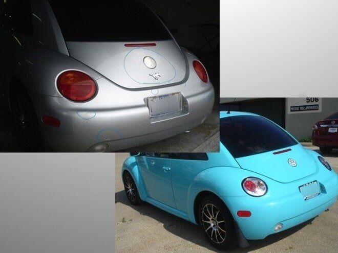 Two rear views of a Volkswagen Beetle, one silver and one turquoise, shown in a garage and outdoors.