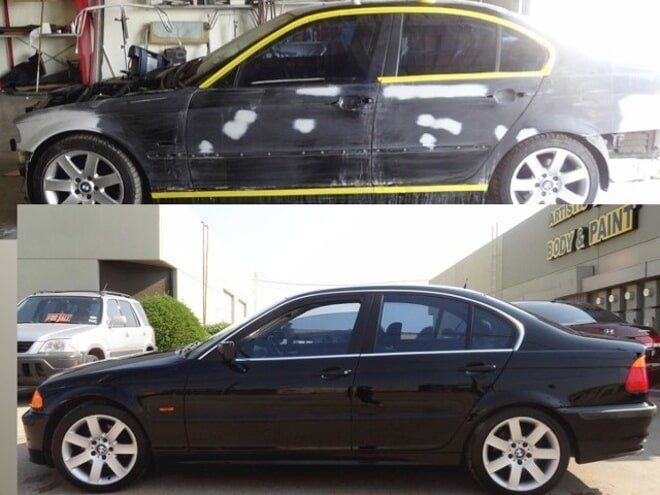 Two side-view photos of a black sedan with white primer spots, parked outdoors under repair.