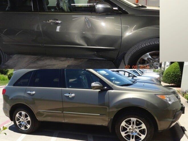 Side-by-side views of a gray SUV, showing a dented side panel and the vehicle parked outdoors.