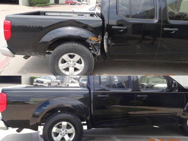 Black pickup truck with a damaged rear fender shown before and after repair.