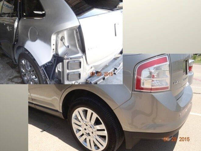 Damaged silver sedan with rear quarter panel and taillight damage, shown in three close-up views