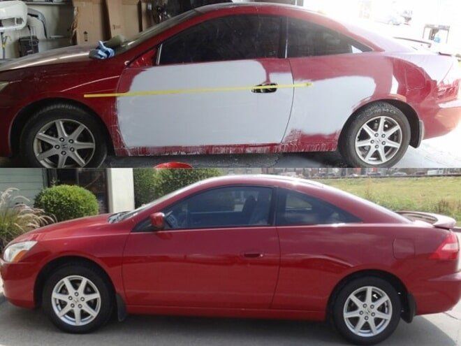 Red sedan before and after body repair, with white primer patches on the side panels.