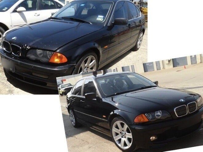 Two black BMW sedans shown from front angles in an outdoor parking lot