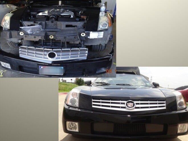 Front view of a black sedan, with upper image showing front damage and lower image showing the repaired car.