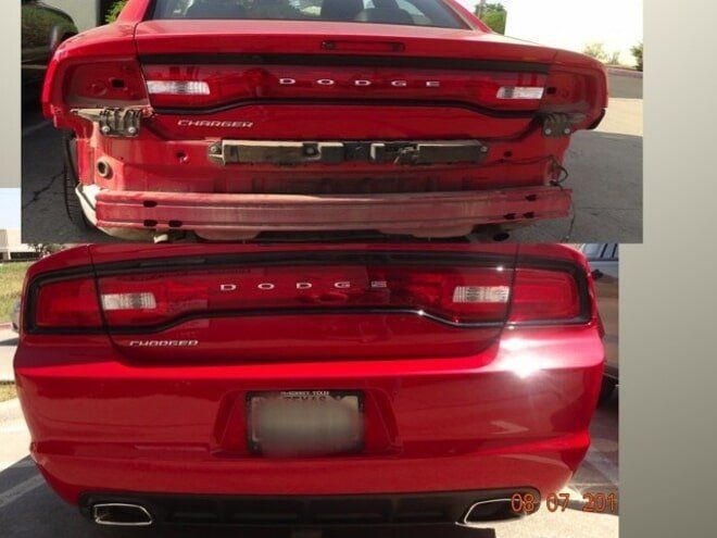 Rear view comparison of a red Dodge car: damaged above, repaired below.