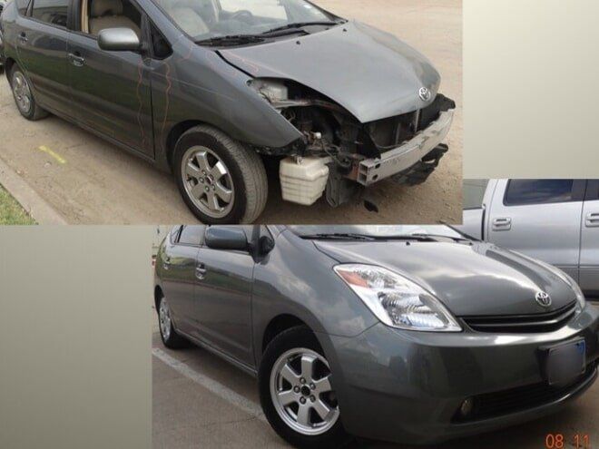 Dark gray Toyota Prius showing front-end collision damage, with a second image of the repaired car.