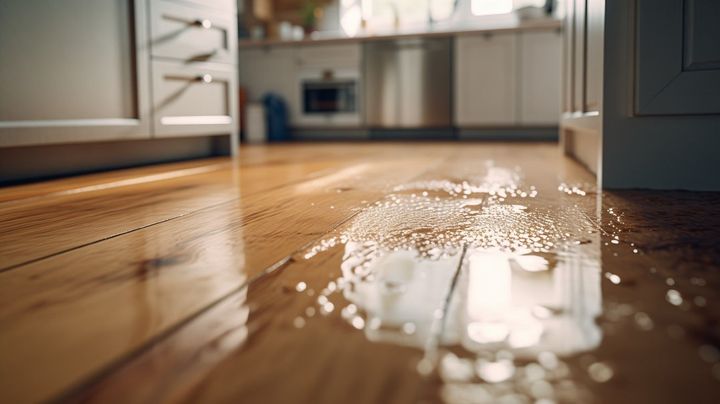 Water spilled on wooden kitchen floor.