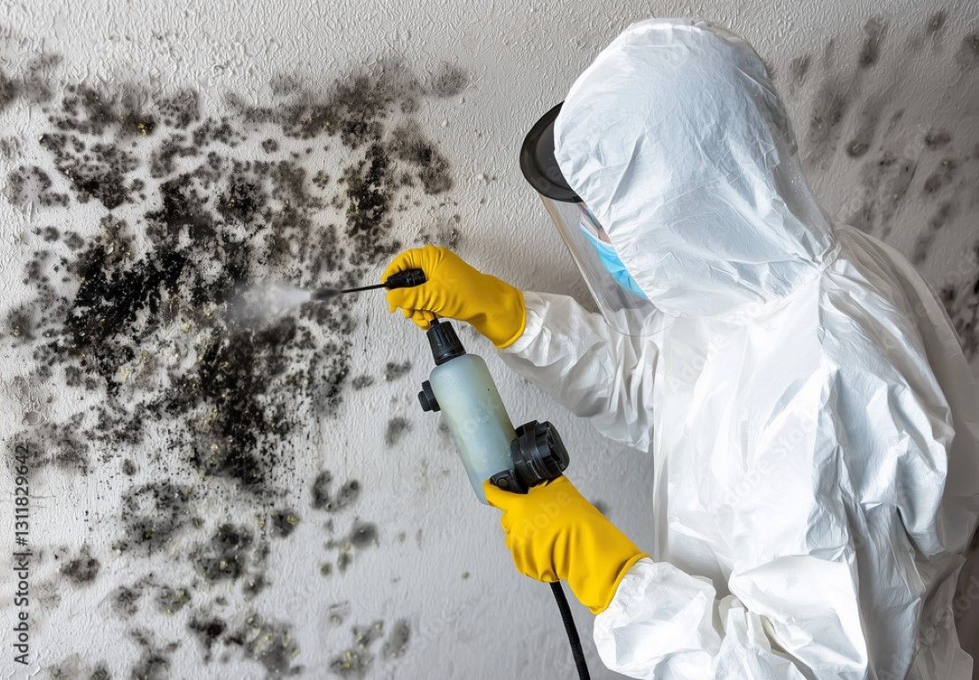 Person in protective suit removing mold from wall with a tool.