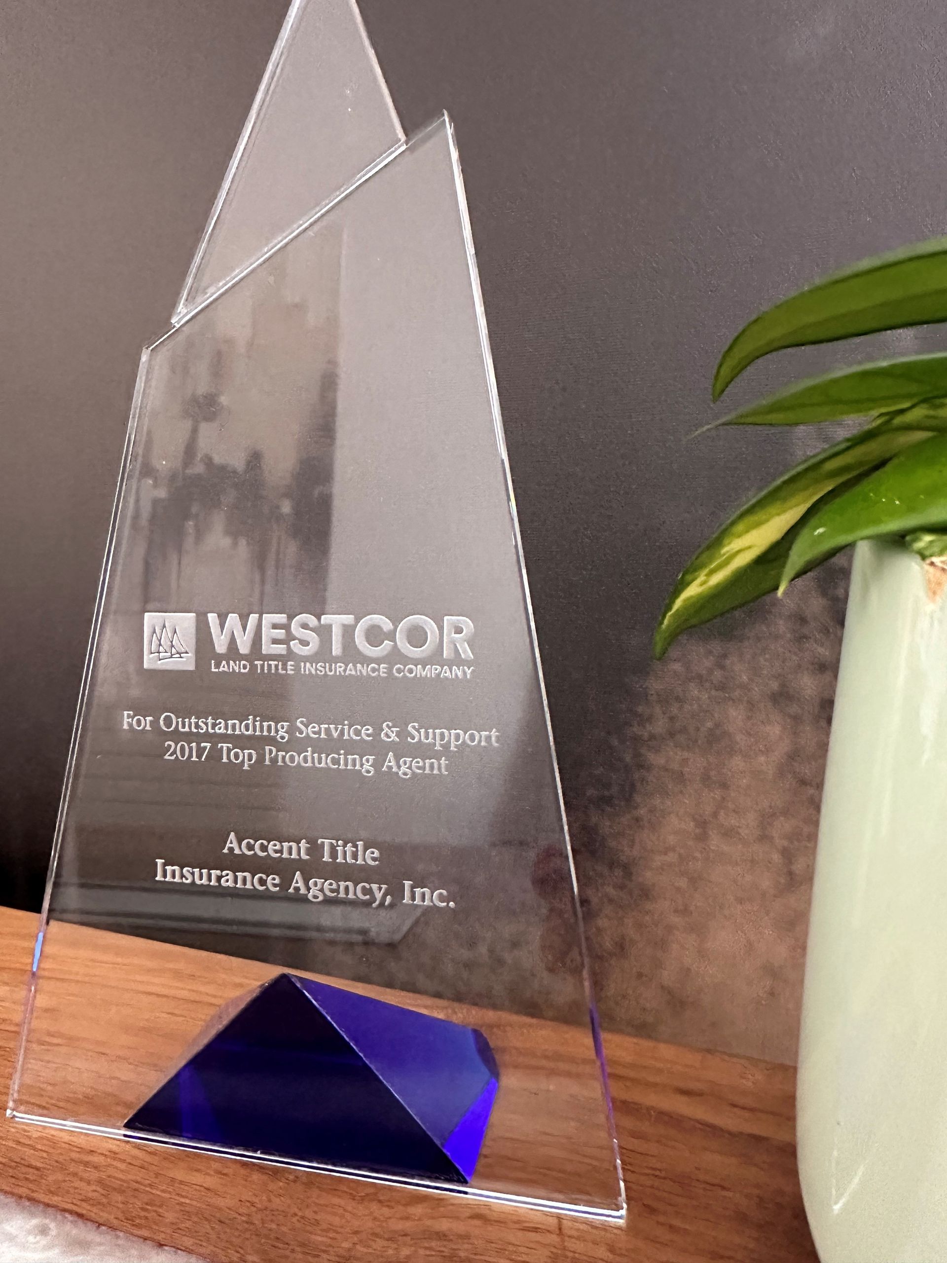 A glass trophy is sitting on a wooden table next to a potted plant.