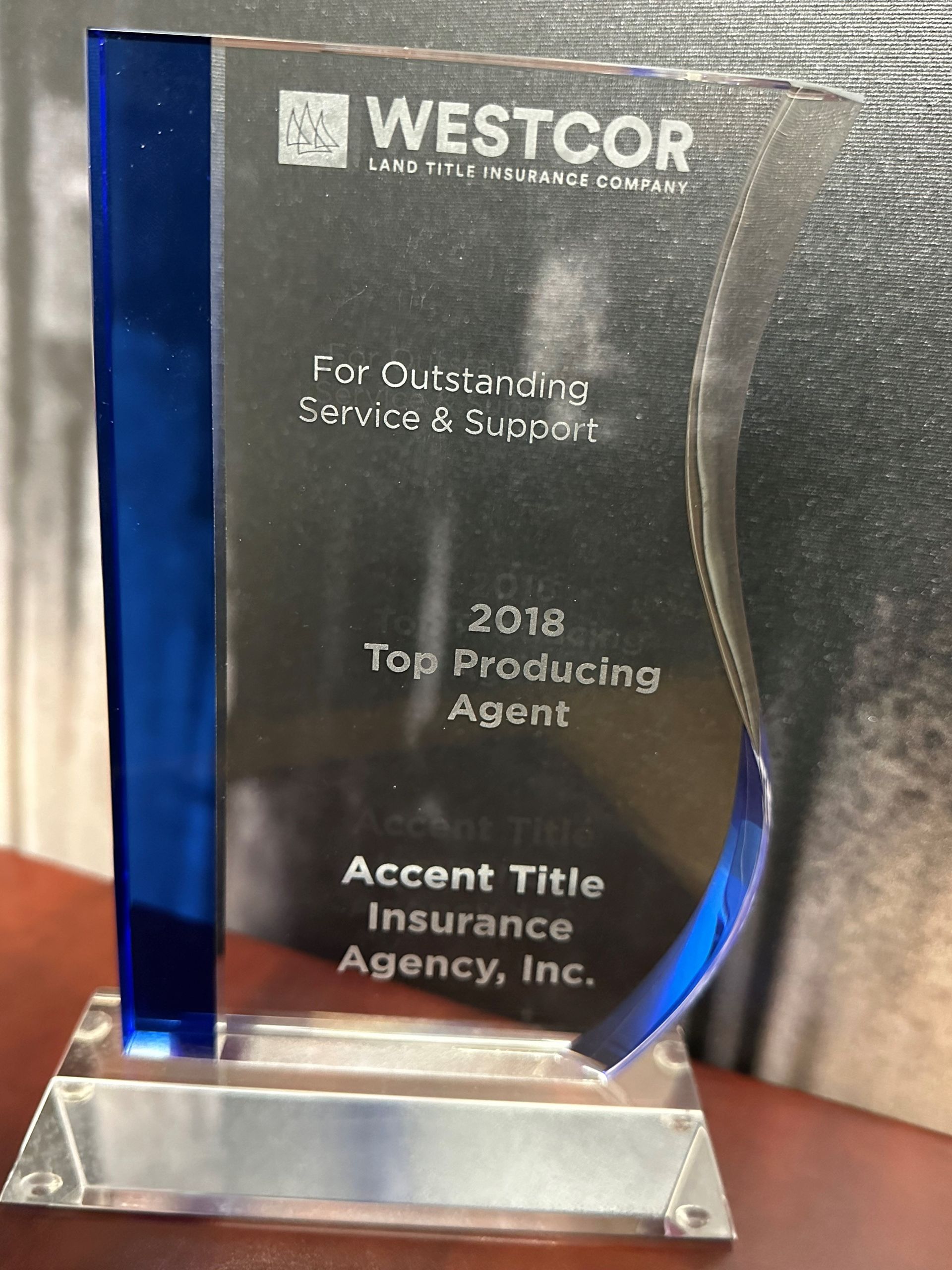 A trophy for westcor is sitting on a table.