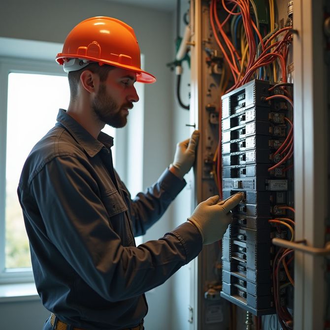 Electrician in orange hard hat working on electrical panel.