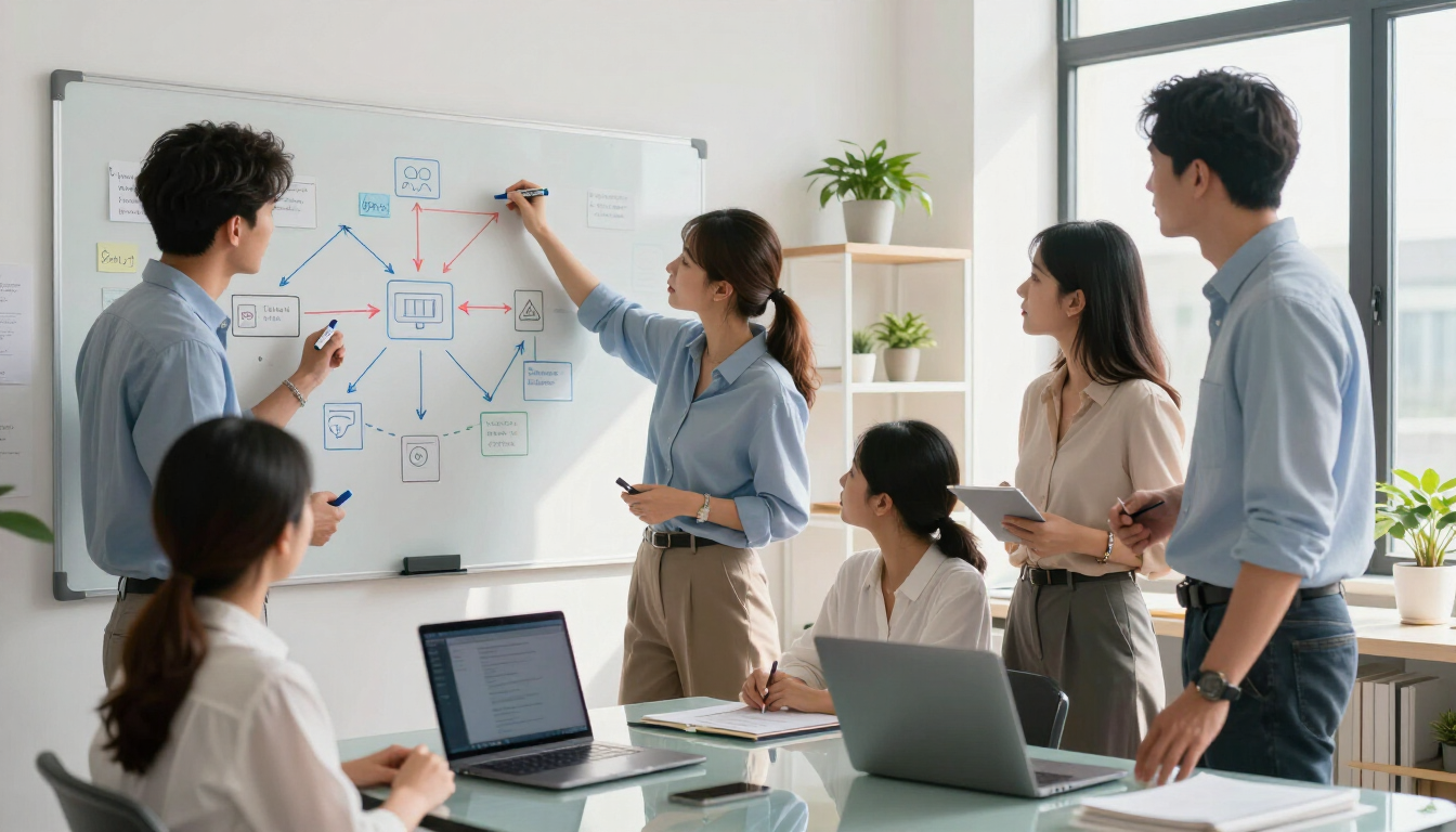 Team discussing a workflow diagram on a whiteboard in a bright office, with laptops on the table