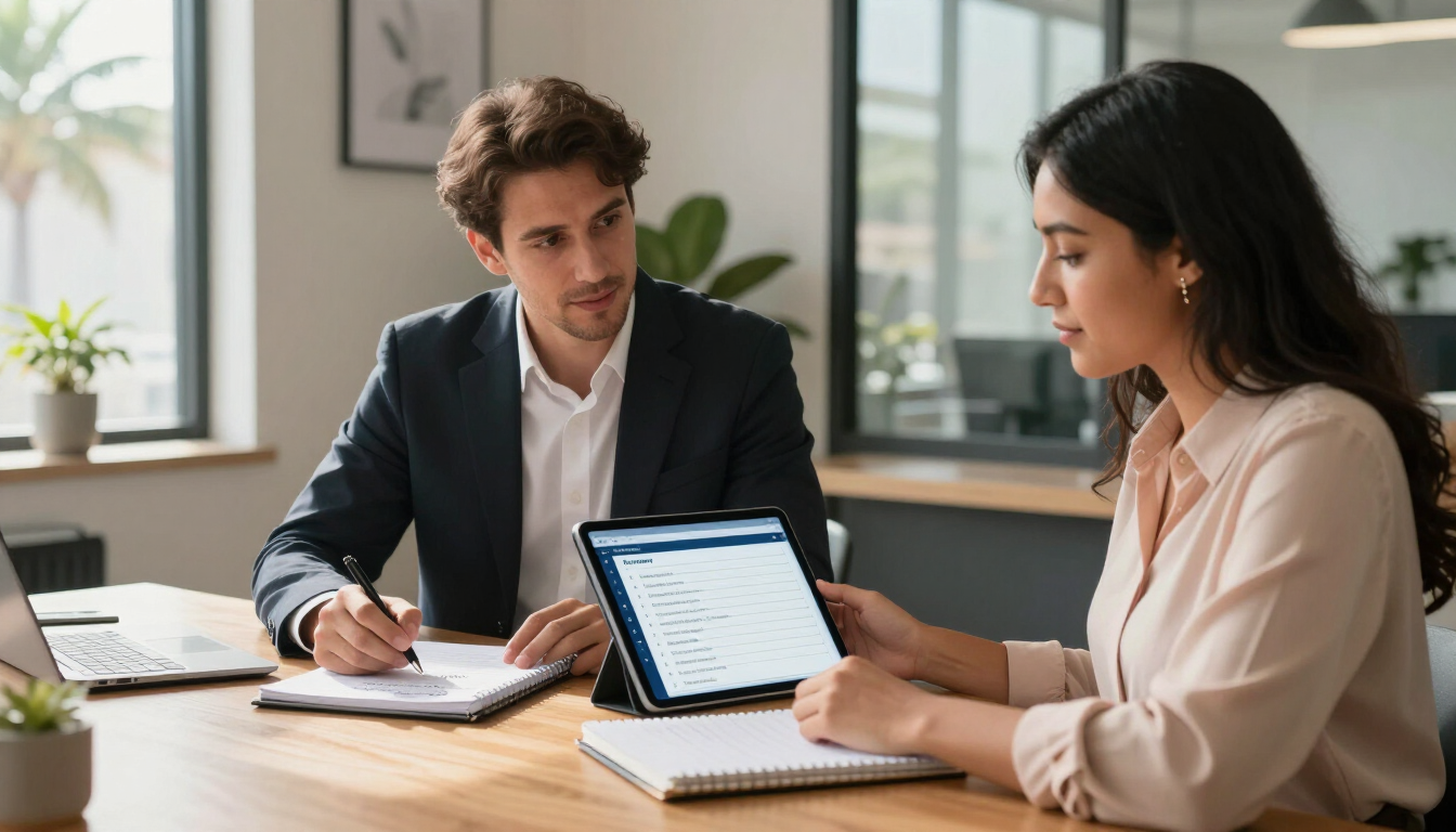 Two coworkers discuss a document at a desk with a tablet in a bright office
