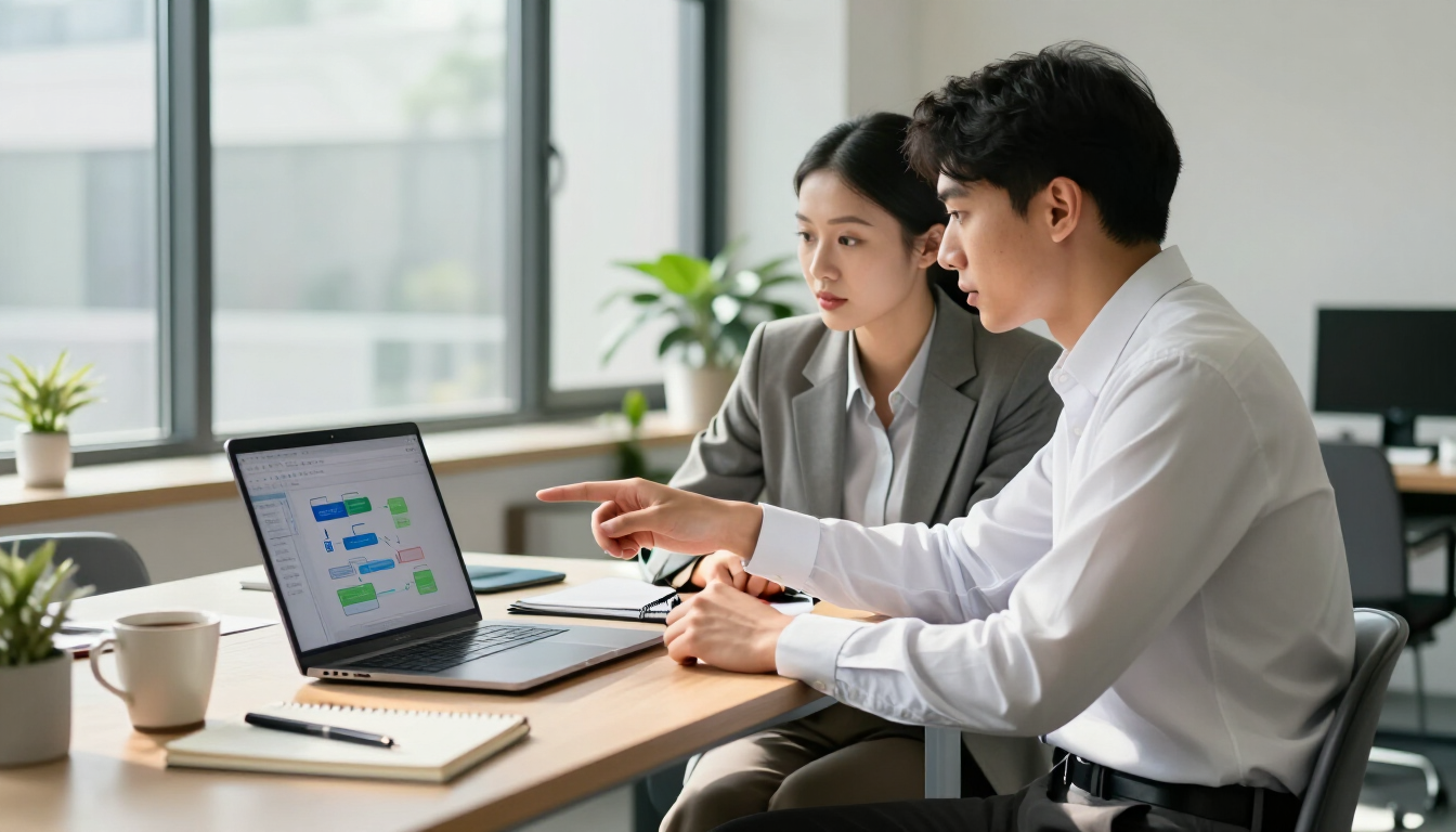 Business owner reviewing an automation workflow with a digital consultant