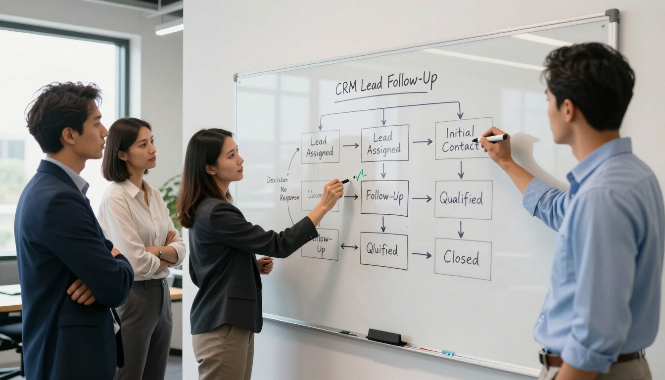 Team mapping customer and CRM workflows on a whiteboard
