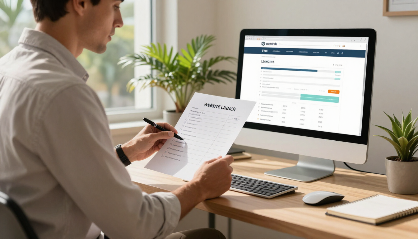 Small business owner checking a website launch checklist