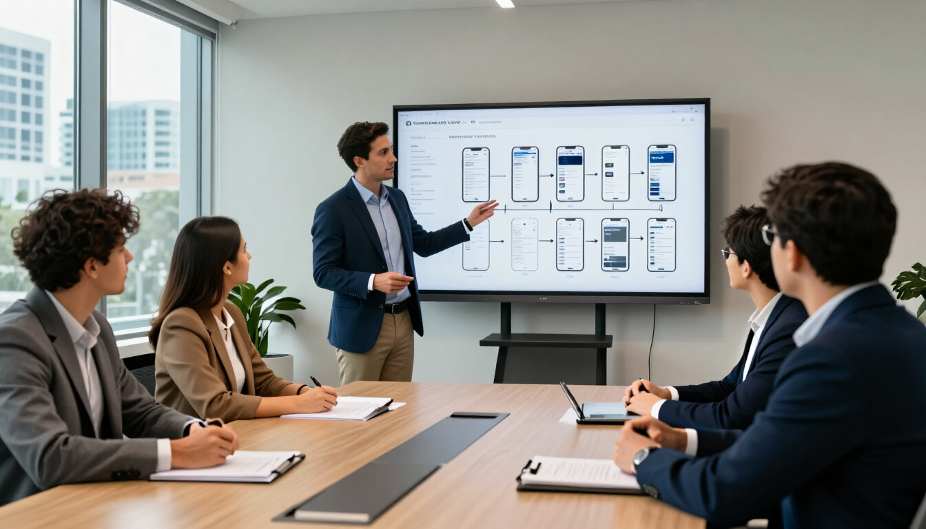 Developer presenting a phased mobile app roadmap to a small business team