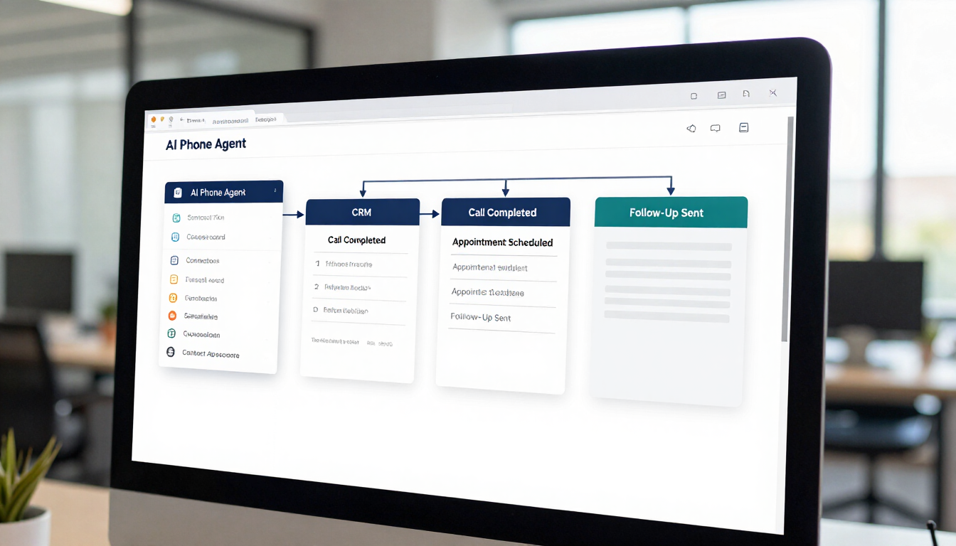 Small business AI voice agent workflow connecting calls, CRM records, and follow-up