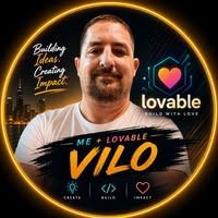 Man in white shirt beside “lovable” logo and “ME LOVABLE VILO” text on a dark, neon-styled background