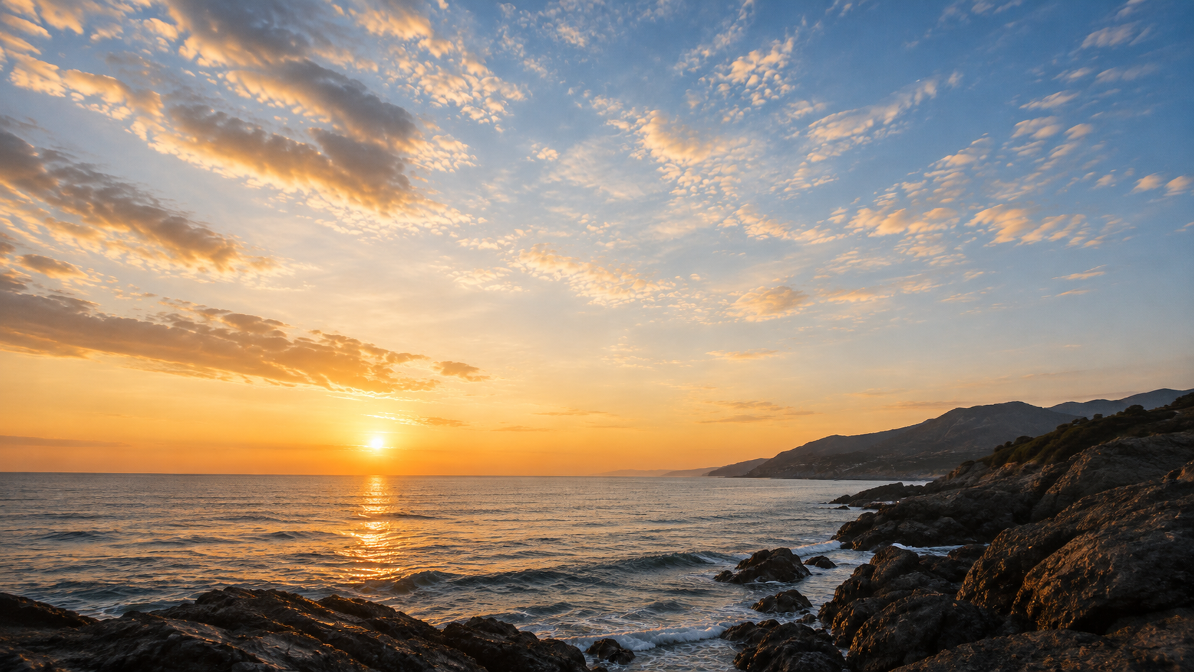 Sunset over a rocky coastline with waves, golden sky, and scattered clouds