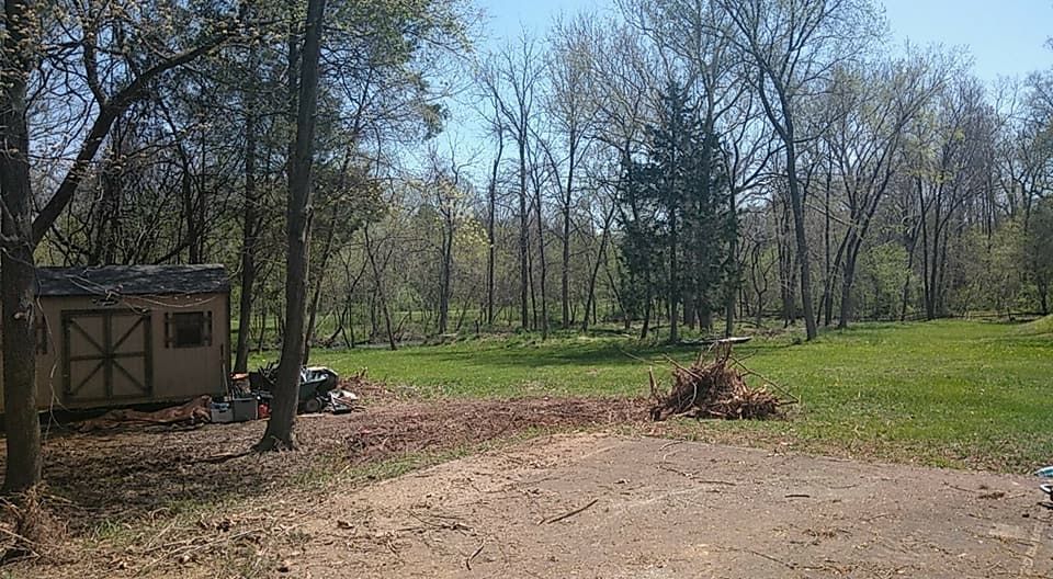 A shed in the middle of a field with trees in the background
