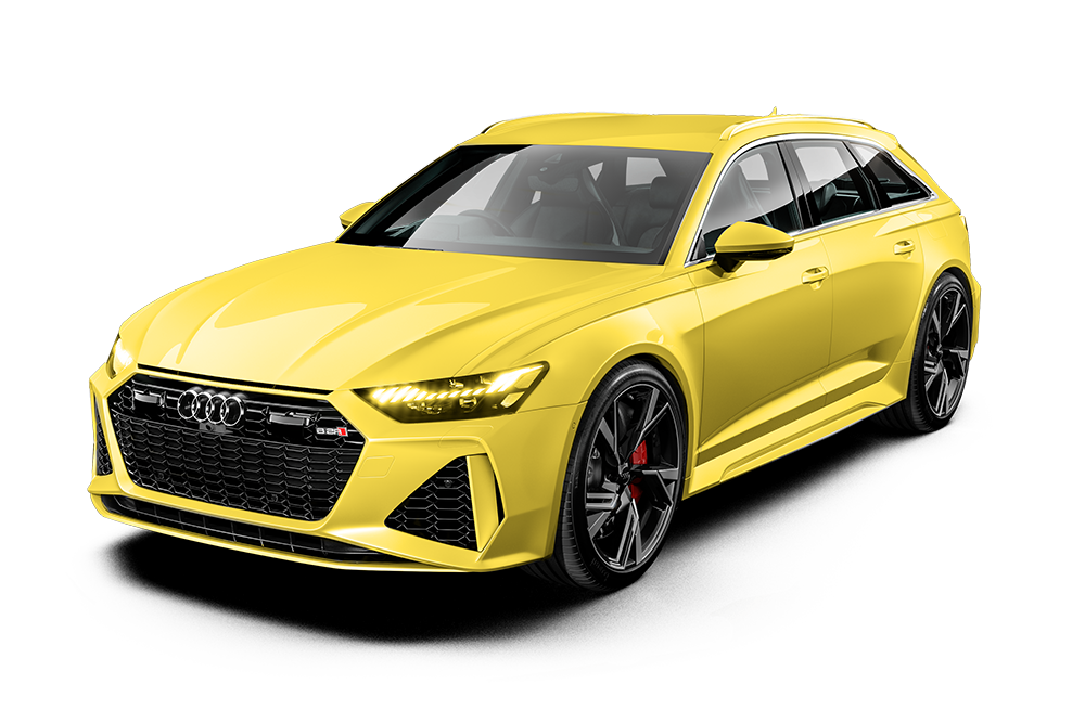 Yellow sports car on a white background, angled front view with black wheels and tinted windows