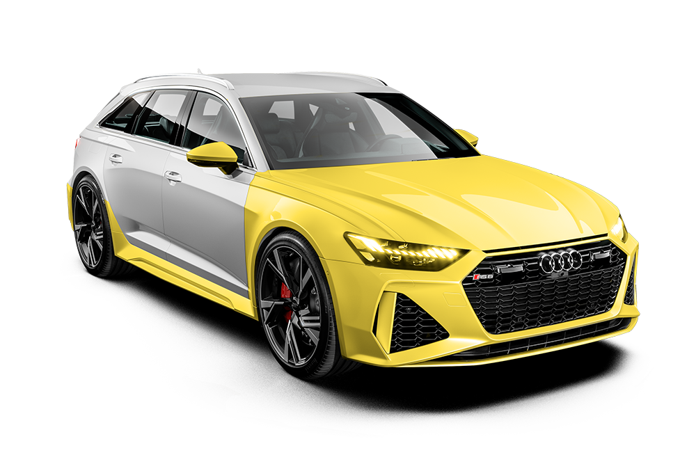 Yellow and white sports car with black wheels, angled on a white background